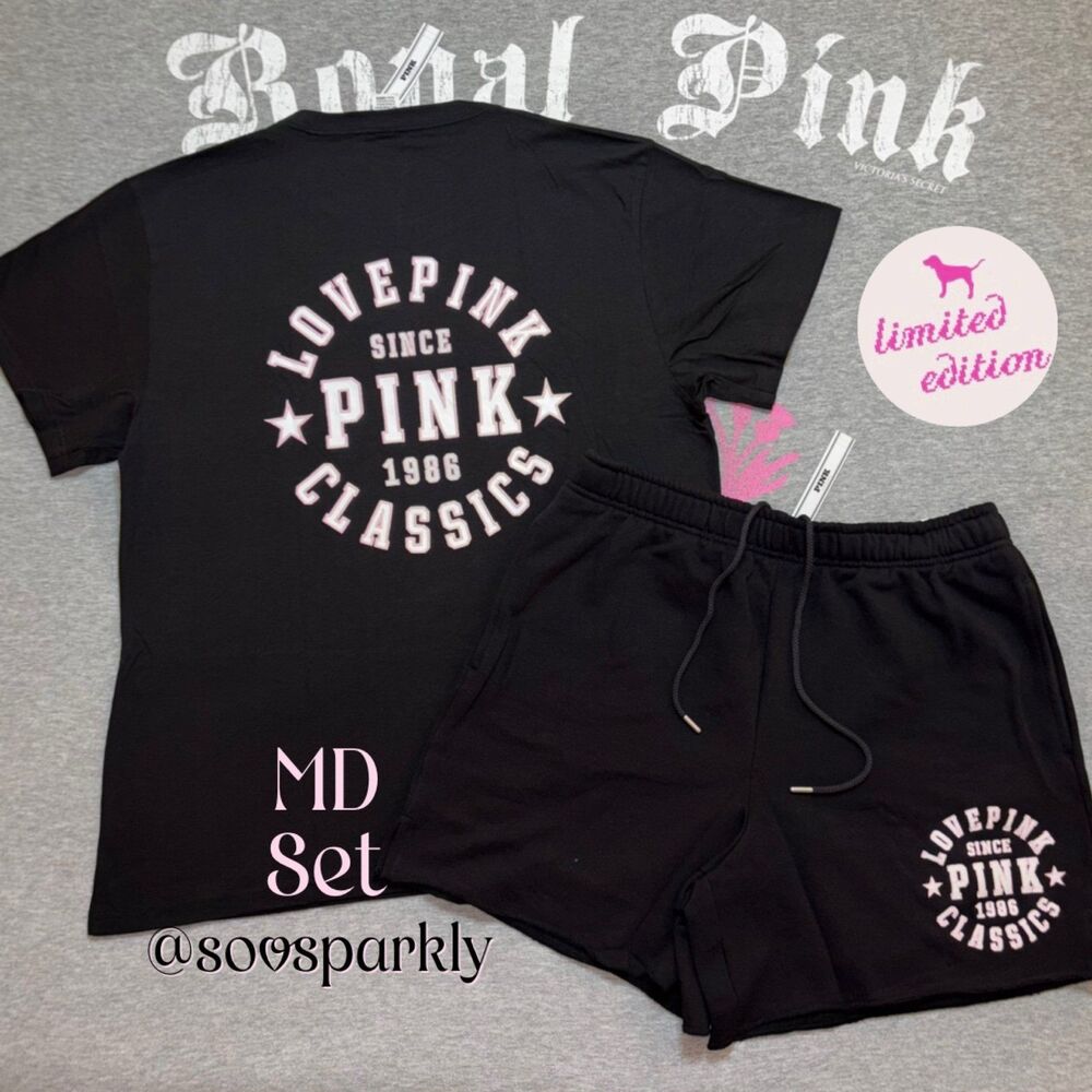 NWT VS PINK Black Love Pink Classics 1986 Logo Matching Tee & Shorts Set MD